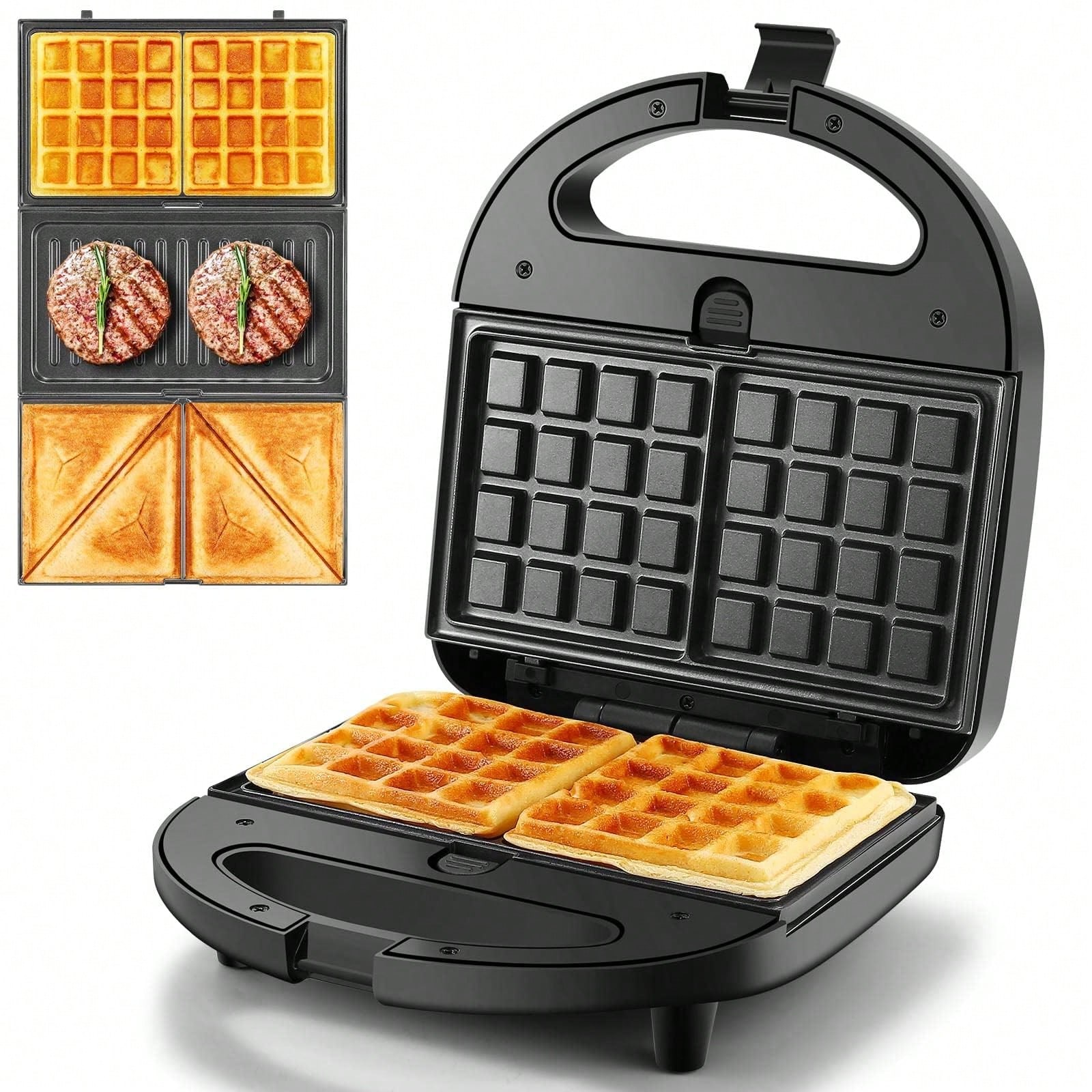 Sandwich Press Panini - เครื่องทำแซนด์วิชและวาฟเฟิล 3-in-1 กำลังไฟ 750 วัตต์ แผ่นกระทะเคลือบกันติด