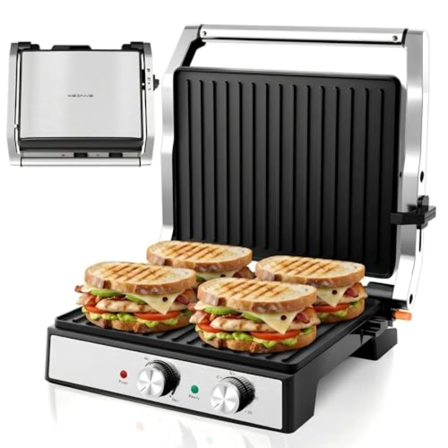 Sandwich Press Panini - เครื่องทำแซนด์วิชแบบกด Panini พร้อมตั้งเวลาและอุณหภูมิ ขนาดใหญ่สำหรับ 4 ชิ้น