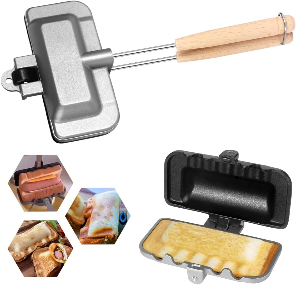 Sandwich Press Panini - เครื่องทำแซนวิชแบบร้อน, เครื่องทำแซนวิช 4w1h แบบสองด้าน กระทะเหล็กหล่อเคลือบสารกันติด เครื่องทำแซนวิชแบบกด