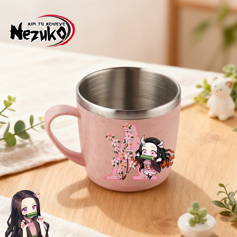 Commercial Kitchen Kettle - แก้วน้ำสแตนเลส Demon Slayer สำหรับผู้ชายและผู้หญิง ลายพิมพ์ตัวอักษรเนซึโกะ แก้วเก็บความร้อนสองชั้นสำหรับนม