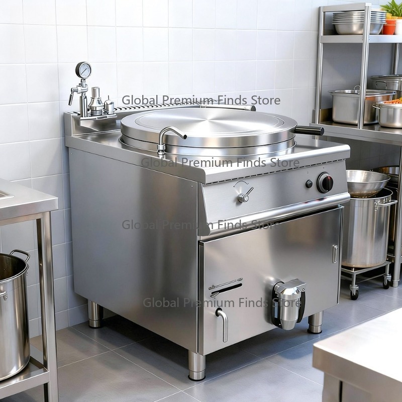 Commercial Kitchen Kettle - หม้อซุปแก๊สเชิงพาณิชย์ หม้อซุปแบบมีปลอกหุ้ม หม้อสแตนเลสสำหรับต้ม อุปกรณ์ครัวร้านอาหาร กำลังไฟสูง